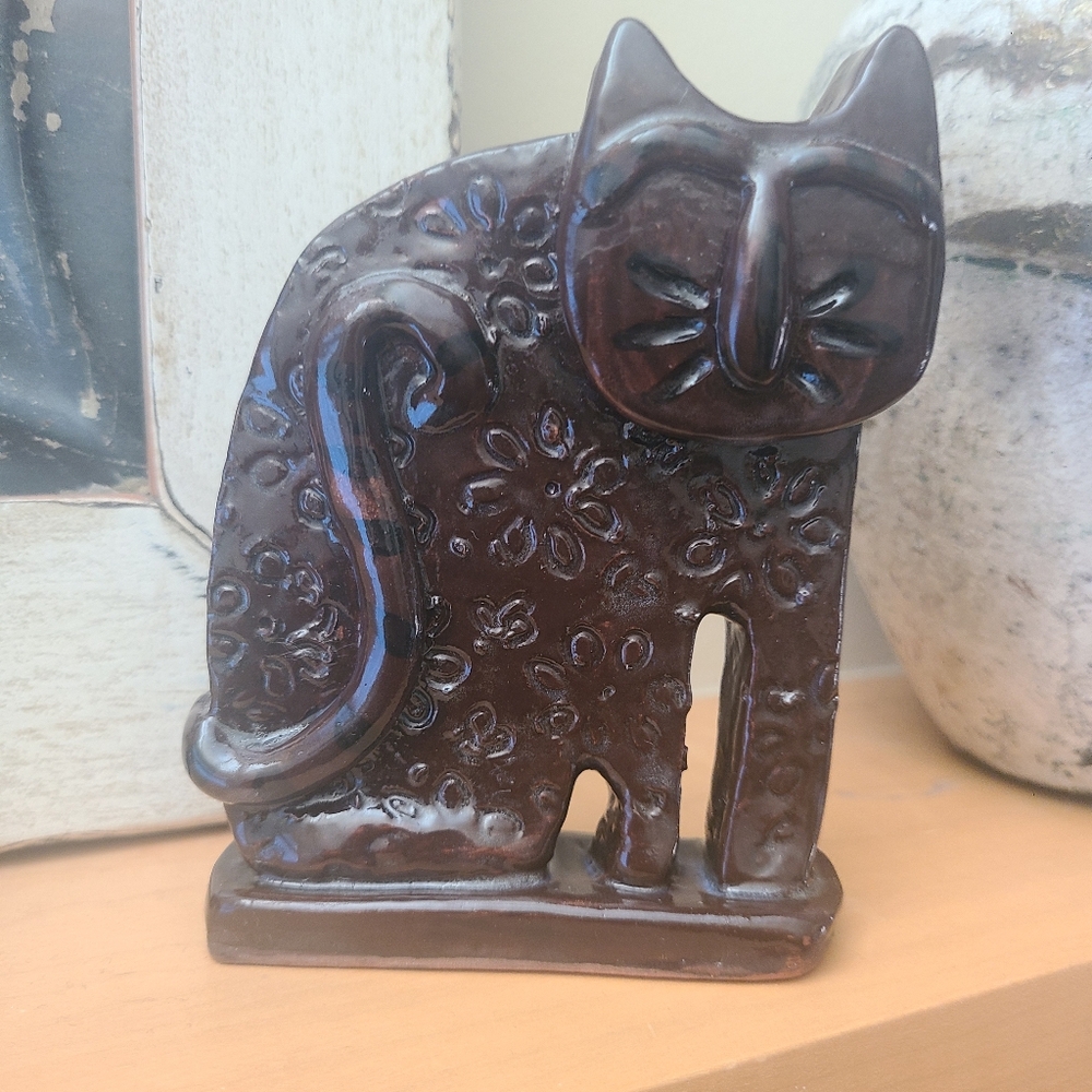 Pottery Cat Handmade Signed Studio Pottery Brown Unique 3 D Stand Up Flat Floral